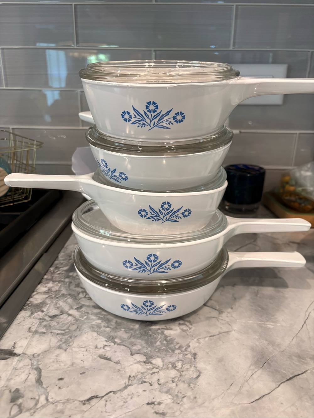 5-piece Blue Cornflower Pattern Corning Ware set with handles and glass lids